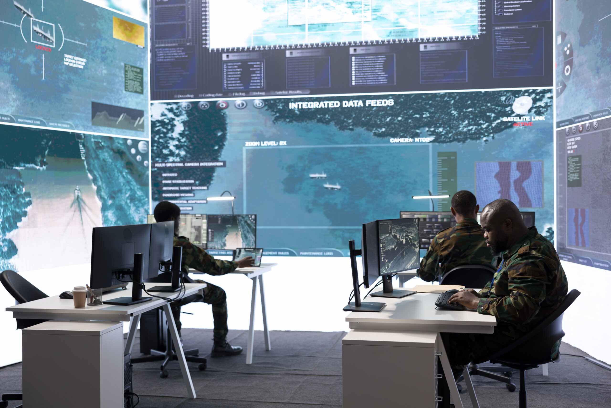 Army staff in a high tech control room managing crucial defense information