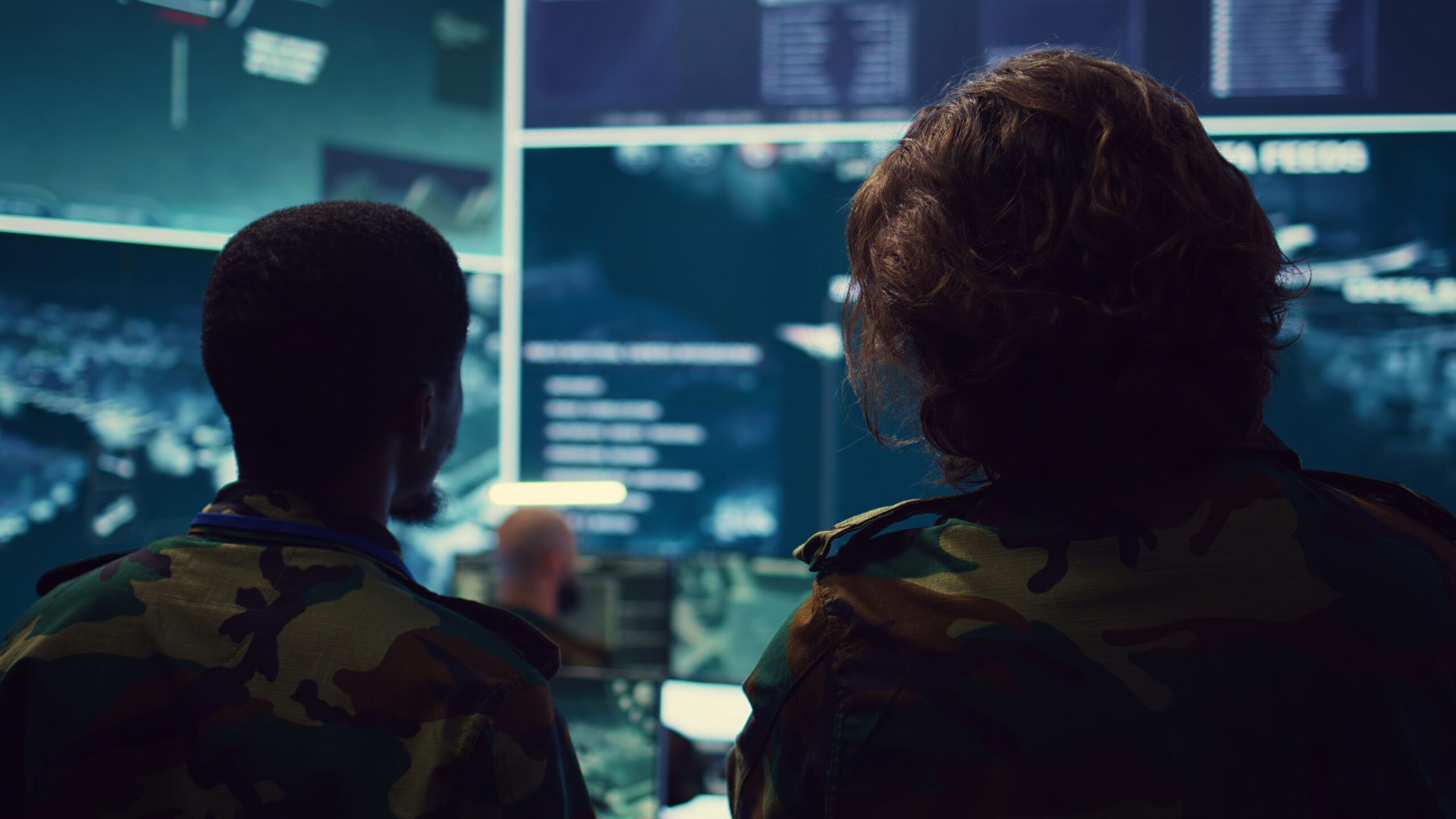 Diverse team of military personnel examining gathered information