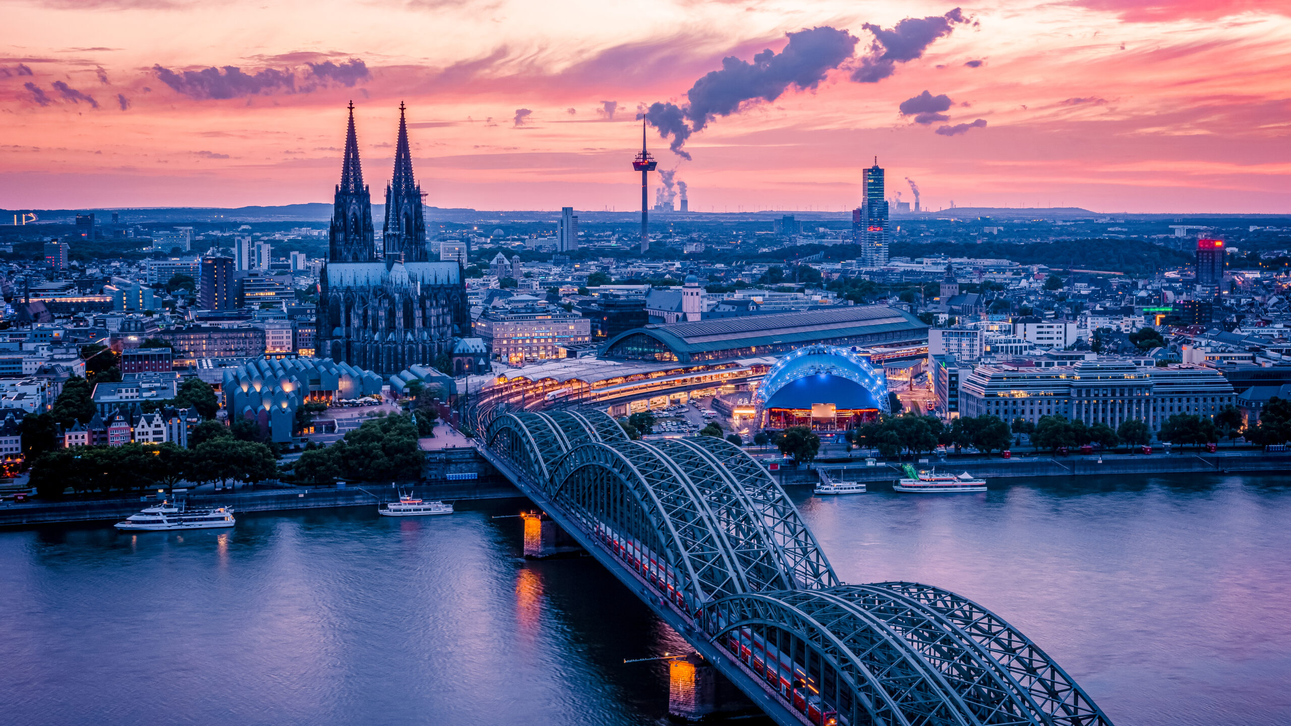 Cologne Koln Germany during sunset, Cologne bridge with cathedral