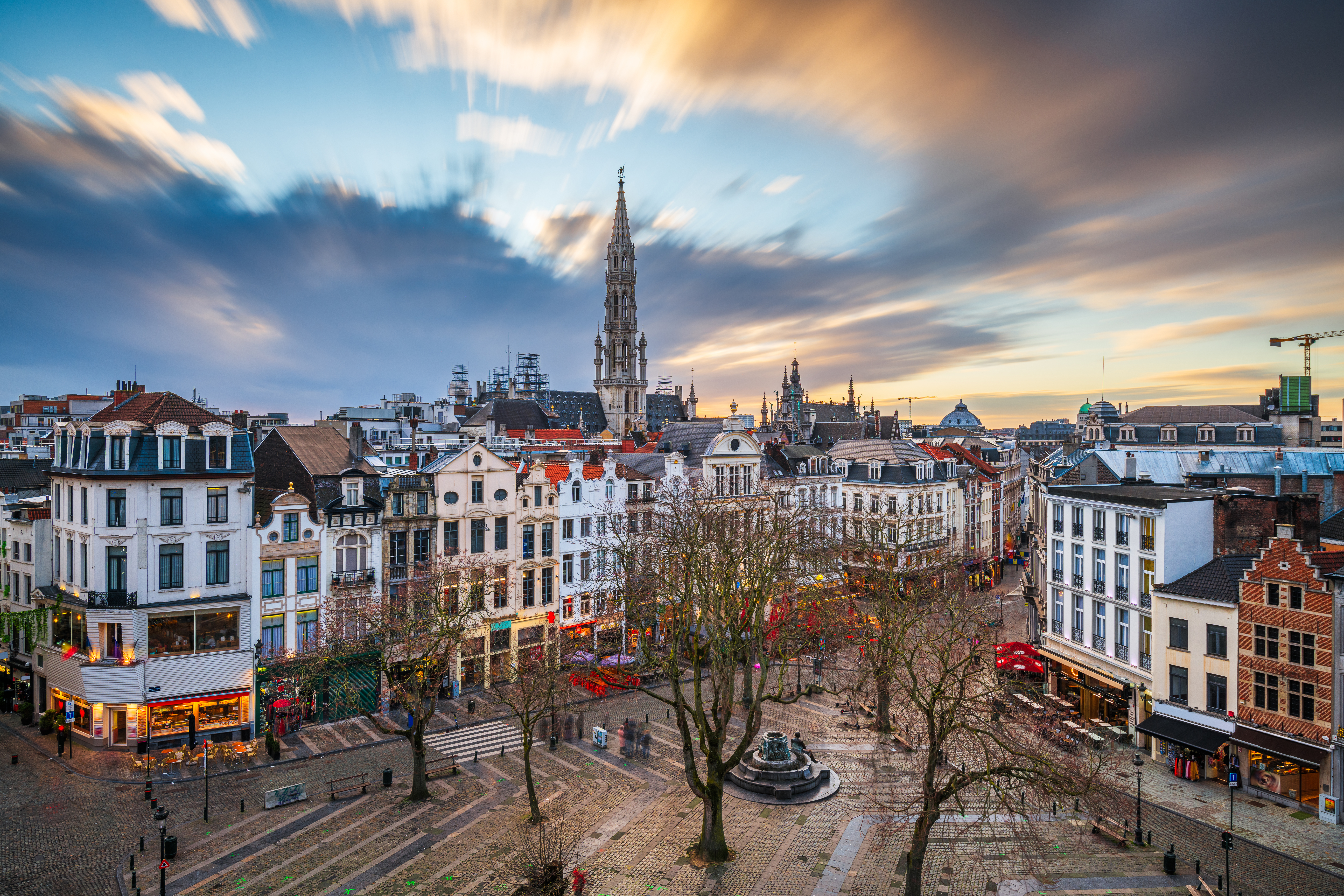 Brussels, Belgium plaza and skyline with the Town Hall